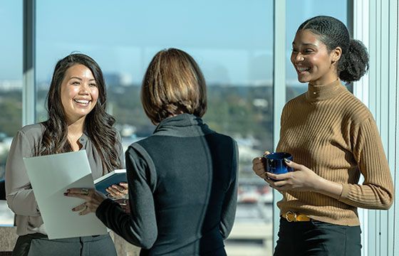 Two female Stellar Bank accountants talking to a female customer
